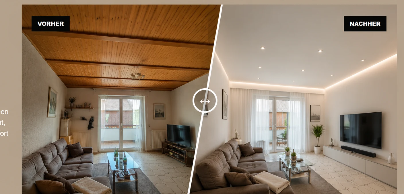 Vorher alte Holzdecke und nachher helle weisse Spanndecke